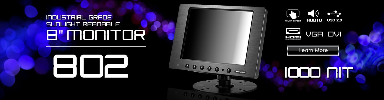 8 inch monitor, 8 inch touchscreen, small monitor, small touchscreen https://www.xenarc.com ruggedized solutions manufacturer for all industries  HDMI, VGA, DVI, SDI Video Inputs